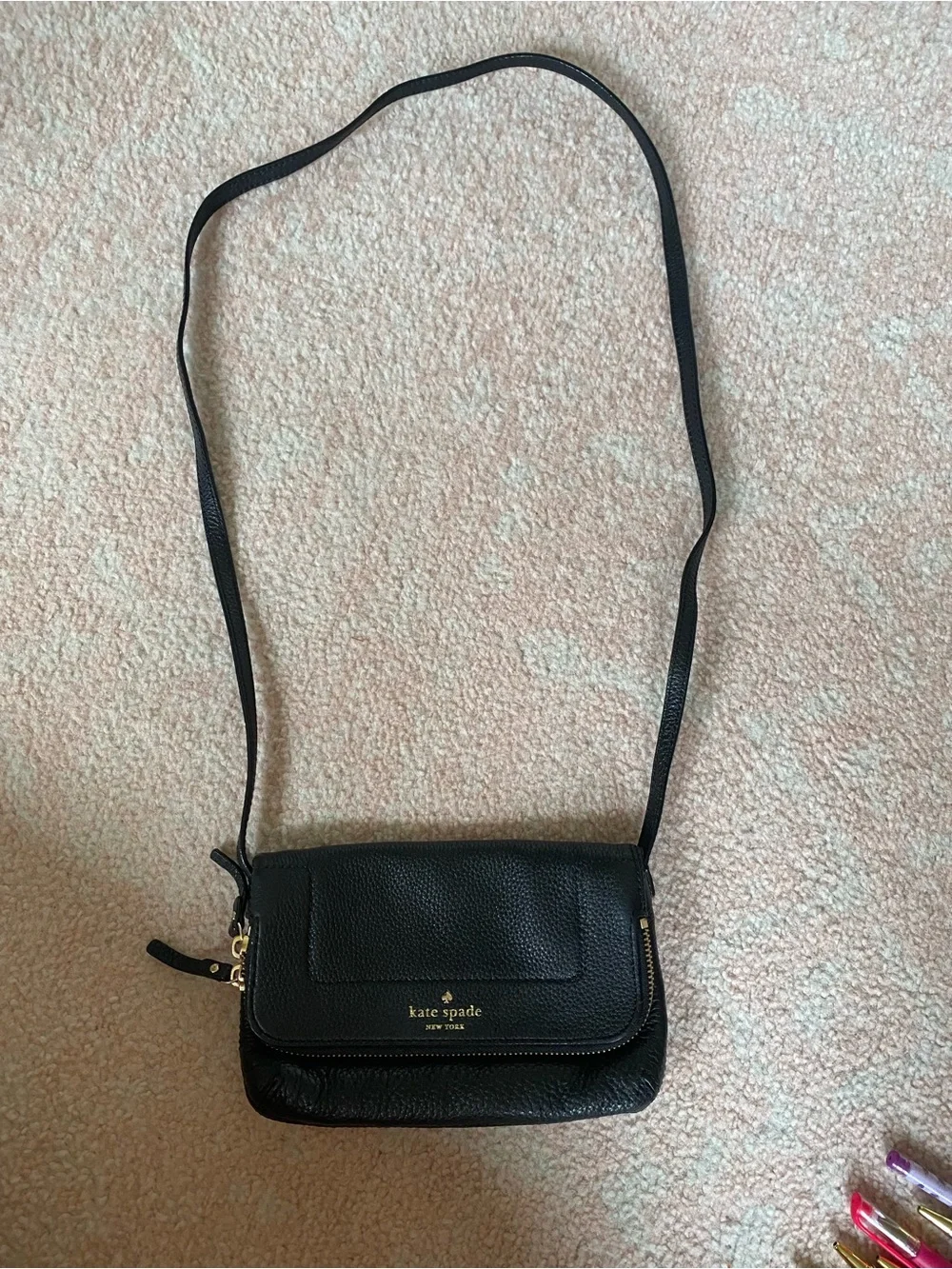 Kate Spade Black Pebbled Leather Crossbody Bag with pink interior